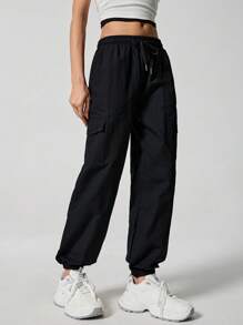 SHEIN EZwear Pantalones cargo jogger de tiro alto con cordón - Negro - Ver 4