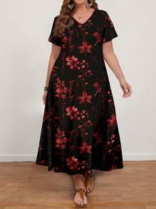 EMERY ROSE Vestido de flores de manga corta con cuello en V para mujer talla grande, uso casual de verano