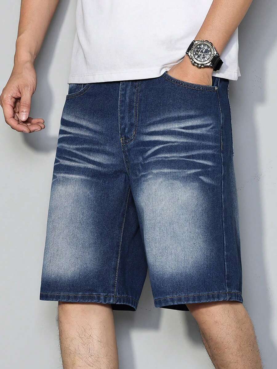 Manfinity Homme 男士休闲宽松口袋百搭日常穿着牛仔短裤 - 中等水洗藍 - 查看 1