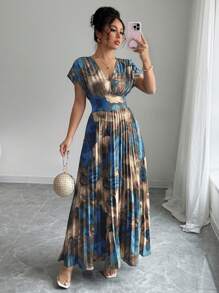 Elenzga Damen Kleid mit zufälligem Muster, tailliert geschnitten, plissiert, modischer Urlaubsstil - Iron Gray - Übersicht 3