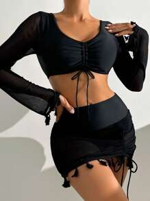SHEIN Swim Neue Damen einfarbiges Mesh transparentes gefranster plissierter Kordelzug Bindeband Vorderteil Langarm Tiefer V-Ausschnitt modischer sexy eleganter Strandbadetop