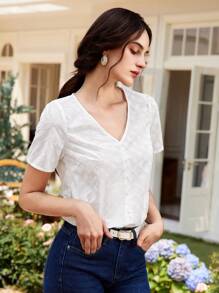 SHEIN LUNE Women's Casual White V-Neck Blouse: Breathable Cotton Woven Fabric Top With Short Sleeves And Stylish Wrap Detail - White - View 2
