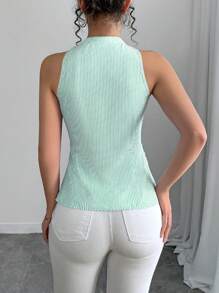 Chiquease 女士条纹印花翻领无袖休闲衬衫 - 綠色 - 查看 2