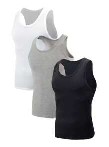 3件套纯色无袖内衣，青少年男童款，简约内搭/外穿，柔软棉质，运动休闲风，夏季旅行 - 彩色 - 查看 1