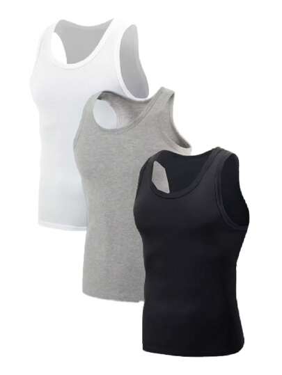 3件套纯色无袖内衣，青少年男童款，简约内搭/外穿，柔软棉质，运动休闲风，夏季旅行