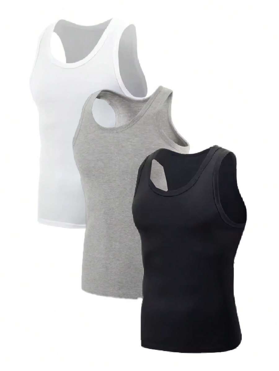 3件套纯色无袖内衣，青少年男童款，简约内搭/外穿，柔软棉质，运动休闲风，夏季旅行 - 彩色 - 查看 1