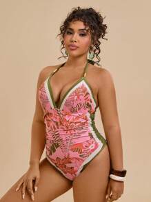 Travachic Plus Size Tropical Floral Print Halter Tie Front One Piece Swimsuit For Women Summer