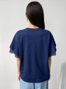 FRIFUL 女式夏季宽松休闲T恤，圆领落肩短袖，荷叶边 - 藏蓝色 - 查看 5