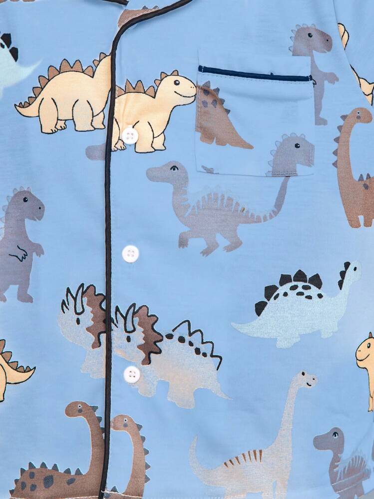 SHEIN Leap Crew 2 piezas Conjunto de pijama de punto de apertura frontal con estampado de dinosaurio lindo para niño pequeño, de verano - Celeste - Añade 5