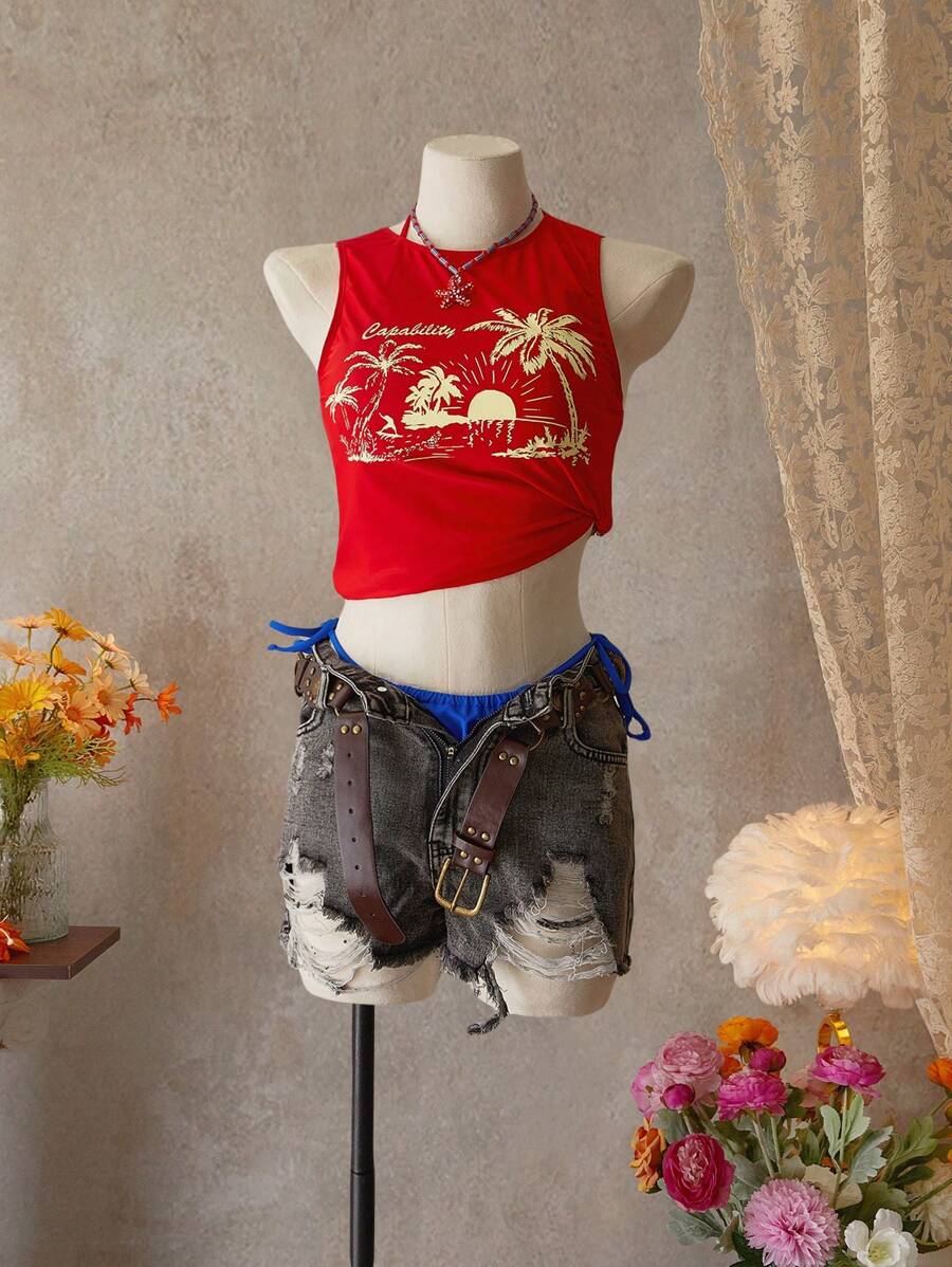 Bellisia Women's Red Halter Neck Top And Blue Knotted Triangle Bikini Set With Red Floral Print Round Neck Vest For Summer Beach Vacation - Multicolor - View 1