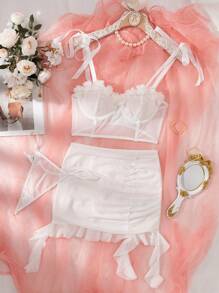 SHEIN 3pcs Set French Romantic Ruffled Bowknot Ruched Sexy Lingerie Set - White - View 6