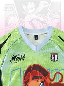 ROMWE MEN Winx Club X ROMWE Spring/Summer Casual Graphic Men'S Anime Colorblock Figure Graphic Mesh Sports Short Sleeve T-Shirt, Athletic Jersey - Green - View 6