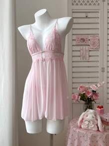 PetitDoll 2pcs Women Sexy Lace Splicing Nightgown Set - Pink - View 6