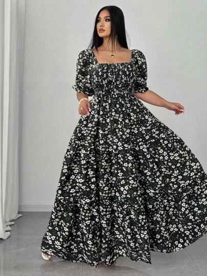 Elenzga 大码女式碎花方领短袖休闲连衣裙，适合夏季度假