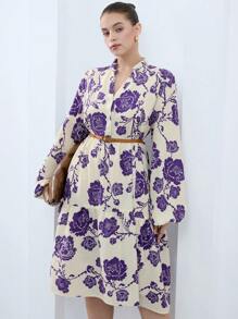 Aveloria Modichic Casual Loose Floral Print Shirt Style Long Sleeve Plus Size Dress