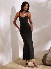 Opulessa Einfarbiges gestricktes Slip-Kleid für Damen, extra lang