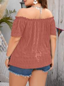 SHEIN Clasi Blusa de talla grande para mujer de color liso con volantes y manga corta descubierta de los hombros para vacaciones