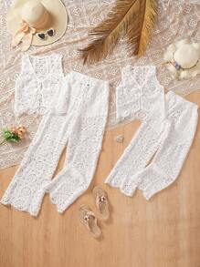 2pcs/Set Elegant Girls White Sleeveless Cover Up & Pants Sets, Fashionable - White - View 3