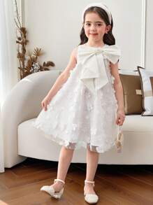 Young Girl Solid Color Organza Ruffled Bow Sleeveless Shift Dress - White - View 7