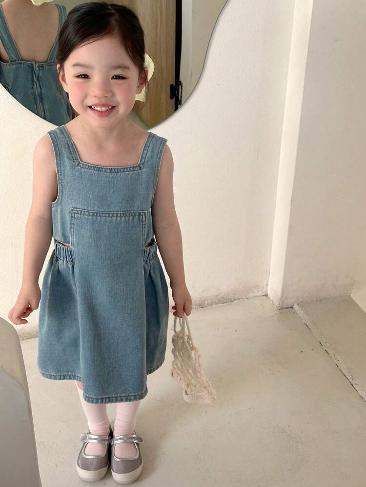 Kids Girls Pocket Detail Jean Dress Light Wash Denim Jumper Dress With Straps And Short Sleeves For Everyday Casual Wear