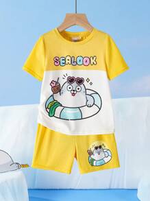 SEALOOK X SHEIN 男童卡通夏季海洋沙滩海豹印花短袖短裤两件套 - 彩色 - 查看 1