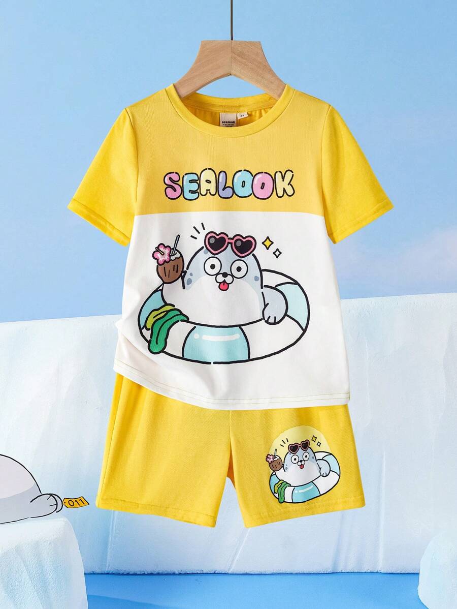 SEALOOK X SHEIN 男童卡通夏季海洋沙滩海豹印花短袖短裤两件套 - 彩色 - 查看 1
