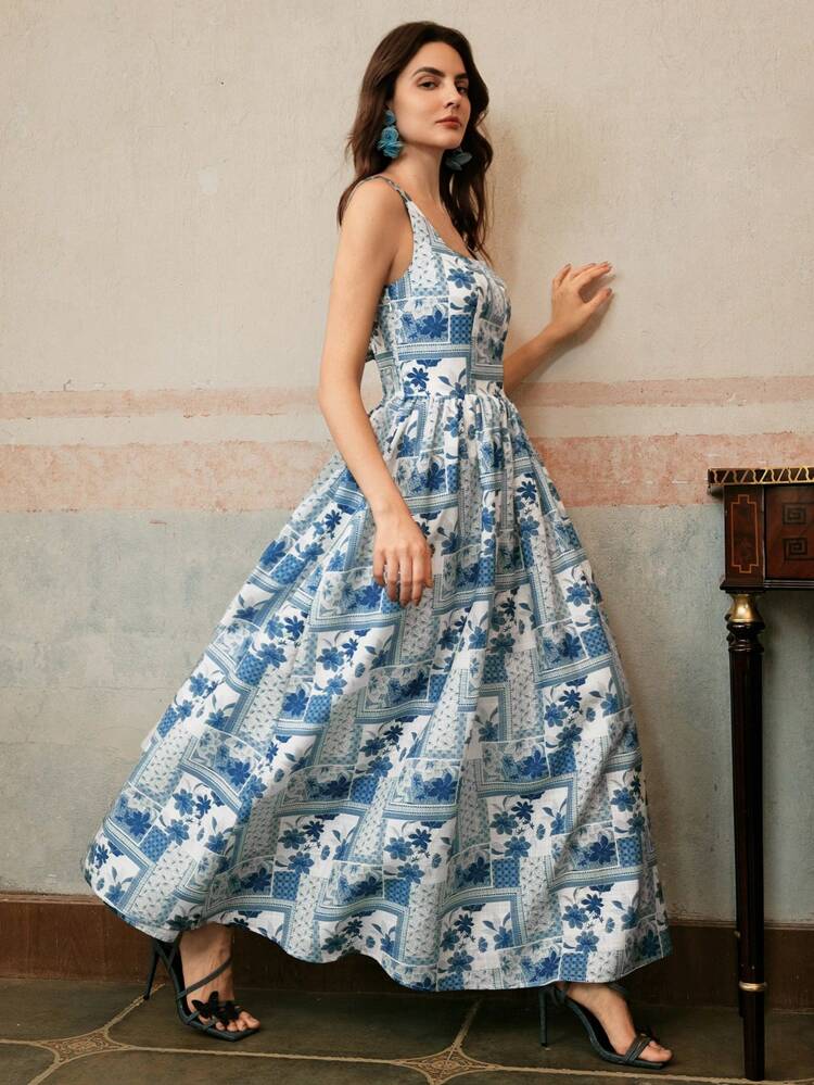 Women's Floral Print Sleeveless Midi Dress, Suitable For Spring, Summer, Festival, Casual, Vacation, Holiday, Elegant