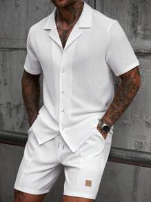 Manfinity Homme 2 pezzi/Set uomo, camicia a maniche corte bianca con texture e pantaloncini casual da estate - Bianco - Visualizzare 3