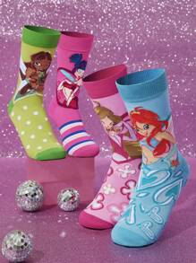 The Winx X SHEIN 3 paia di calze a mezza gamba da donna con motivi asimmetrici a cartoni animati, calze a righe magiche morbide e traspiranti con punta e tallone rinforzati, versatili per tutte le stagioni
