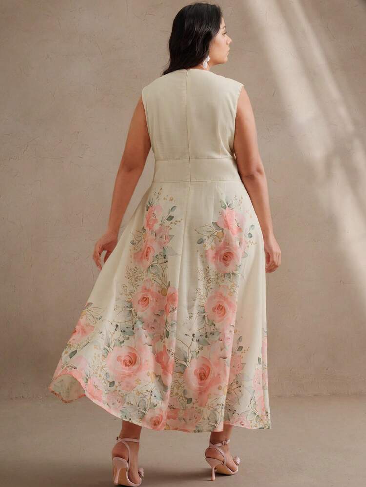 Spring, Summer, Festival, Holiday, Vacation Elegant Floral Print Deep V-Neck Sleeveless Midi Dress For Plus Size Women