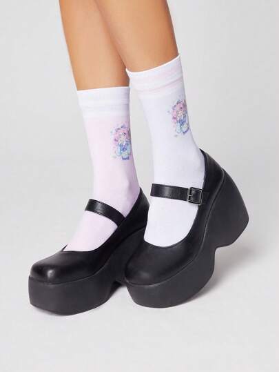 Kawaii 1 Pair Cute Cartoon Girl Striped Pink Comfortable Mid-Calf Socks For Women