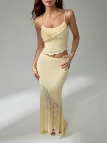 SHEIN Tall Women's Spring And Summer Vacation Wedding Season See-Through Lace Asymmetric Hem Vest And Low-Waist Hip Fishtail Ruffled Extra-Long Asymmetrical Hem Skirt Two Pieces Set - Yellow - View 1
