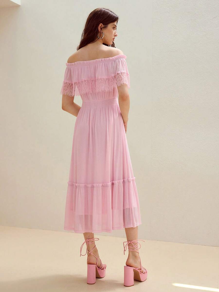 MOTF STUDIO CONTRAST LACE RUFFLE HEM DRESS - Pink - View 2
