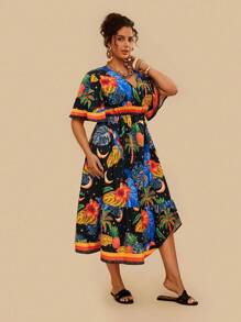 Travachic Plus Size Tropical Parrot Print V-Neck Ruffled Sleeve Slit Hem Boho Dress - Multicolor - View 3