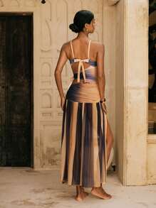 SHEIN Swim 2pcs Set Women Random Ombre Print Side Tie Adjustable Strap One-Piece Swimsuit And Side Slit Hem Skirt Swimming Suit Set For Summer Beach Vacation - Multicolor - View 2