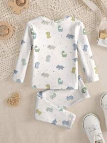 SHEIN Young Boy Dinosaur Graphic Casual Minimalist Snug Fit Long Sleeve Crew Neck Top And Long Pants Sleepwear, Thick Stretchy Suitable For Autumn/Winter