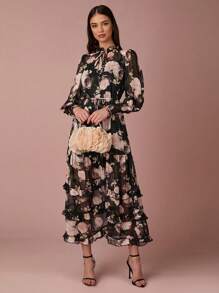 Enchnt 女士花卉印花系带领优雅长袖连衣裙