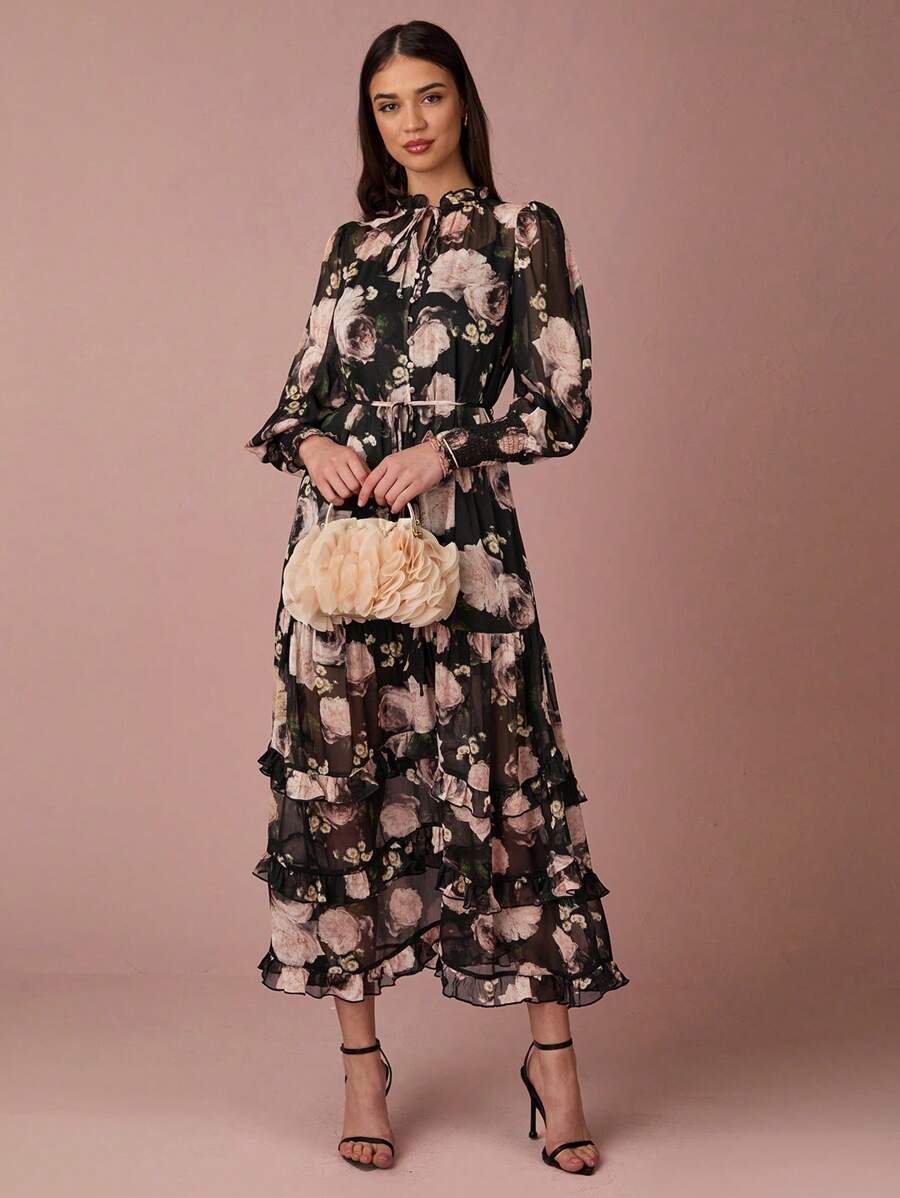 Enchnt 女士花卉印花系带领优雅长袖连衣裙