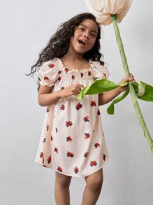 Maija Kids Maija Kids 年轻女孩时尚休闲花卉荷叶边方领泡泡袖迷你连衣裙，适合度假/居家/学校穿着，百搭复古风，春季 - 白色 - 查看 9