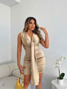 Xyvia Women's Solid Color Sexy & Elegant Wrap V-Neck Dress - Champagne - View 5