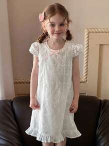 DAZY Girls (Small) Round Neck Lace Textured Short Sleeve Elegant Summer Dress