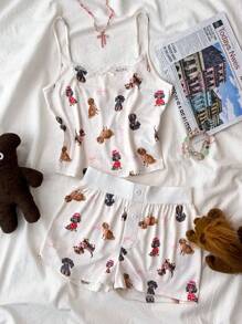 SHEIN Teen Girls Spring & Summer Valentine's Day Homewear, Clean Girl/American Vibe Floral Lace Bowknot-Dye Camisole And Shorts Pajama Set, Comfortable For Home, Outdoor, Casual Wear, Cute Dog Design - Apricot - View 3