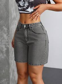 SHEIN Tall Women's Casual Black Denim Shorts: Zipper Detail High-Waisted Short Jeans For Summer - Black - View 4
