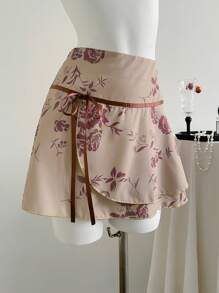 Elamini 复古花卉印花前系带低腰性感 A 字形荷叶边下摆半身裙 - 彩色 - 查看 3