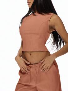 MISSGUIDED Summer Linen Feel Backless Co-Ord Set Wide Leg Palazzo Pants Crop Top Casual Beach Resort Festival Vacation Two Piece Outfit Loungewear Christmas - Red - View 4