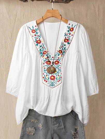 Linhara Blusa casual holgada y versátil con 3/4 mangas bordada para mujer