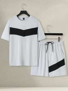 Manfinity RelaxMax Men's Contrast Color Round Neck Short Sleeve Casual T-Shirt And Drawstring Waist Shorts Set Casual Two Pieces Set Men - Grey - View 1