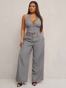 SHEIN SXY Conjunto de 2 piezas elegante y sexy para mujer talla grande para primavera y verano: Top de tirantes ajustado gris + Pantalones rectos de doble botonadura con cintura ancha a juego, apropiado para uso diario