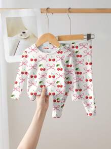 SHEIN Leap Crew Baby Girl Cherry Bow Pattern Cute Casual Minimalist Comfortable Thick Snug Fit Long Sleeve Top & Long Pants Pajama Set, Suitable For Autumn/Winter - Multicolor - View 1