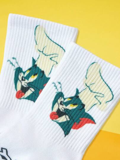TOM & JERRY X SHEIN 1 par de calcetines tipo tripulación cómodos para mujeres con patrón de gato de dibujos animados y diseño de letras